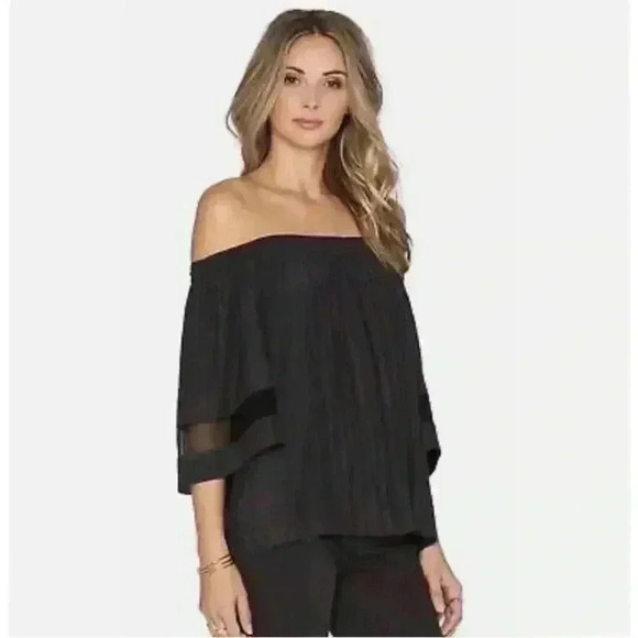 RAMY BROOK Blouse Shirt Black Jessica Smocked Off Shoulder Women's Size XSmall - Picture 1 of 12